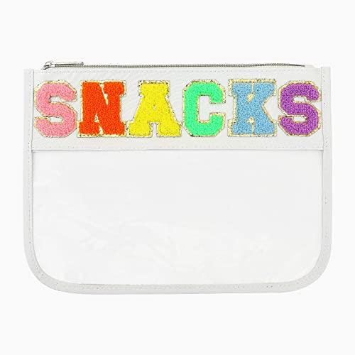 BCRMPT Chenille Letter Bag Clear Flat Pouch, Multi-Purpose PVC & Nylon Cosmetic Bag, Travel Makeup Pouch With Zipper for Women, Gym, Beach (White-Snacks)