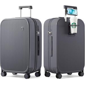 mixi Checked Luggage with Cup Phone Holder Hard Shell Rolling Travel Suitcases with Spinner Wheels,26 Inch Rock Grey (Rock Gray)