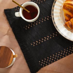 ZeeMart Macrame Style Boho Placemats Set of 6, Black Decorative Natural Farmhouse Cotton Woven Place Mats Home Decor for Kitchen Dining Table