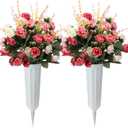 Thiccywoov 2 Set Artificial Pink Rose Cemetery Flowers with Vase for Grave Pink Silk Rose Bouquet Graveyard Memorial Flowers for Headstones Cemetery Decor