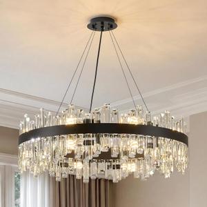 16-Light Modern Crystal Chandelier, 31.5 inch Luxury Black K9 Crystal Raindrop Chandelier, Adjustable Height Lighting Fixture for Living Room Entry Foyer Dining Room Bedroom, Round D31.5''