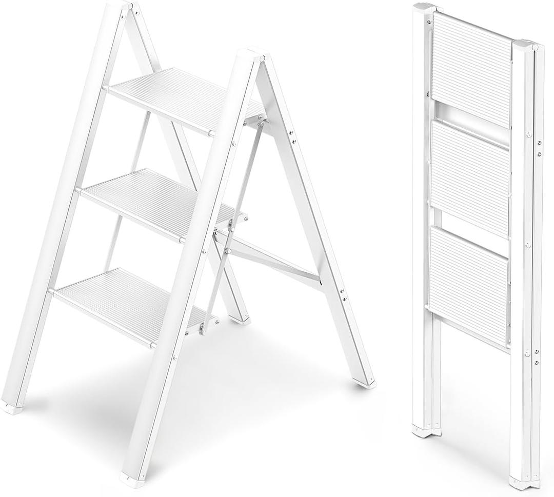 WOA WOA 3 Step Ladder, Foldable Step Stool, Lightweight Ladder for Home Kitchen Closet, Anti-Slip Aluminum Pedals, Ease of Folding, Portable, 300lbs Capacity - White