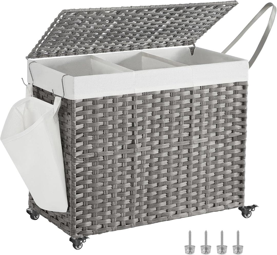 SONGMICS Laundry Hamper with Lid, 42.3 Gallons (160 L), Rolling Laundry Basket with Wheels, 3-Section Synthetic Rattan, Removable Liner, Bedroom, 29.9 x 13 x 26 Inches, Gray ULCB365G01
