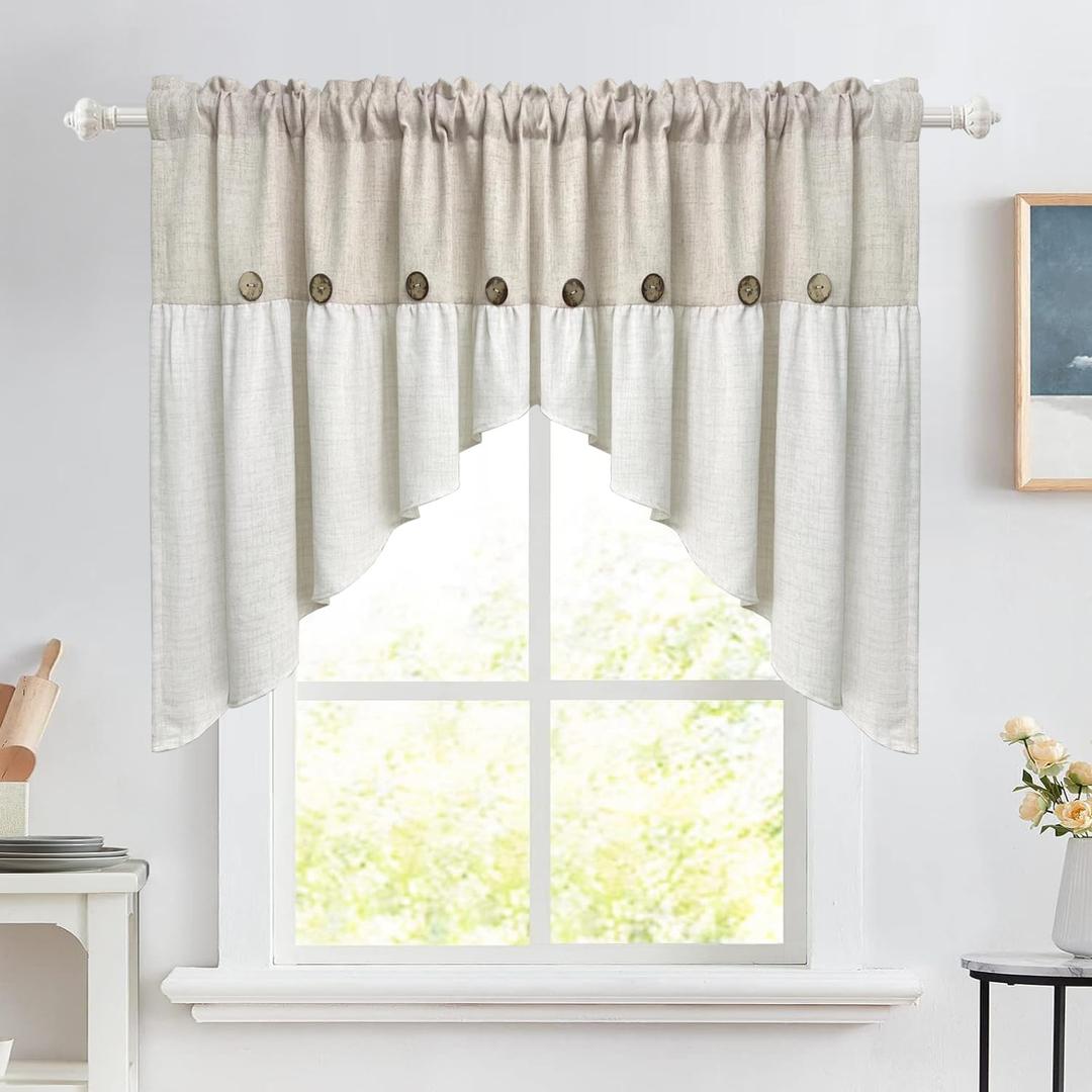 Farmhouse Boho Linen Button Arched Valance Curtains for Kitchen Window Dining Room Cafe Valance for Small Windows Bathroom Macrame Valances Rod Pocket 1 Panel (Beige Arched, W78 L35 inch)