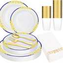 175PCS Disposable Dinnerware Plates and Cutlery Set for 25 Guests-Gold Heavy Duty Disposable Plates,Includes 10.5''Dinner Plates and 7.5''Dessert Plate,9ozCups and Cutlery for Catering Events.