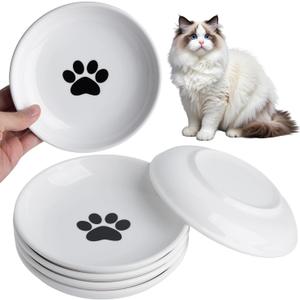 Cat Food Bowl Set of 6, Ceramic Cat Bowls, Anti Whisker Fatigue Cats Bowl Set,5.9 Inches Shallow Wide Kitten Plates for Wet/Dry Food, Indoor Pets (Paw)