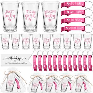 Pickmesh 96 Pcs Baby Shower Party Favors for 24 Guest, Boy or Girl Shot Glasses Gifts, Bottle Openers, Thank You Tags, Organza Bags Baby Shower Prizes for Guest Return Gifts Gender Reveal Party(Pink)