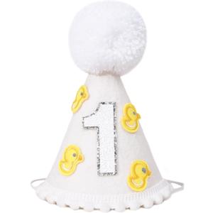 Little Yellow Duck 1st Birthday Party Hat - Duck Themed Cake Smash Decor, Yellow & White Cone Hat for Boys & Girls