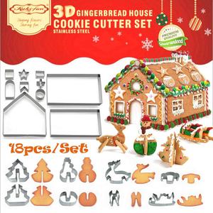 Sakolla 18 PCS Gingerbread House Cookie Cutter Set, 3D Stainless Steel Christmas House Fondant Cutter Kit, Including Christmas Tree, Snowman, Reindeer, Sled Shapes, Gift Box Package
