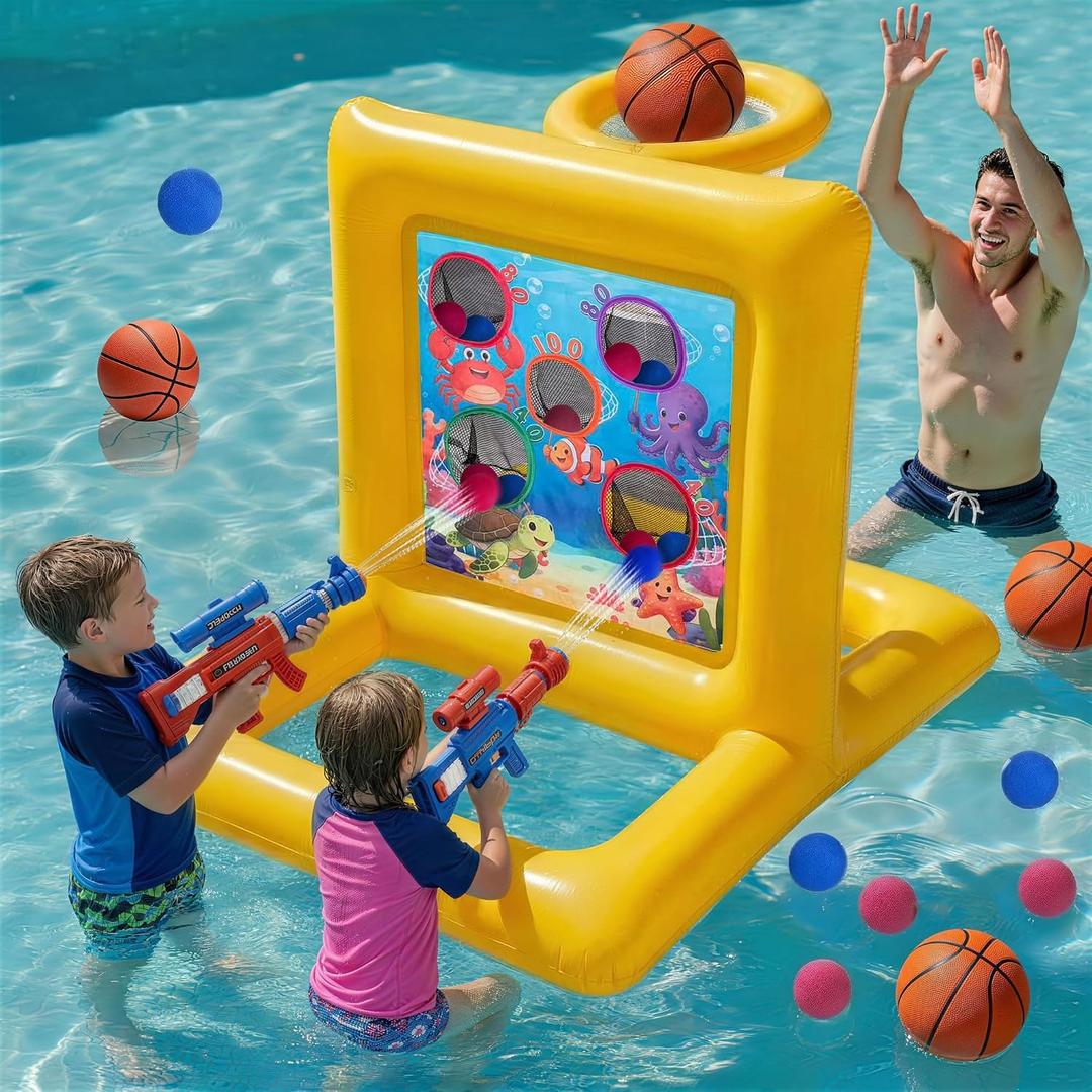 Pool Toys for Kids & Adults, 2-in-1 Shooting Target Game & Pool Basketball Hoop, Family Pool Toy for Summer Swimming Pool Games, Pool Party Games and Backyard Fun, 74 x 92 x 82 cm
