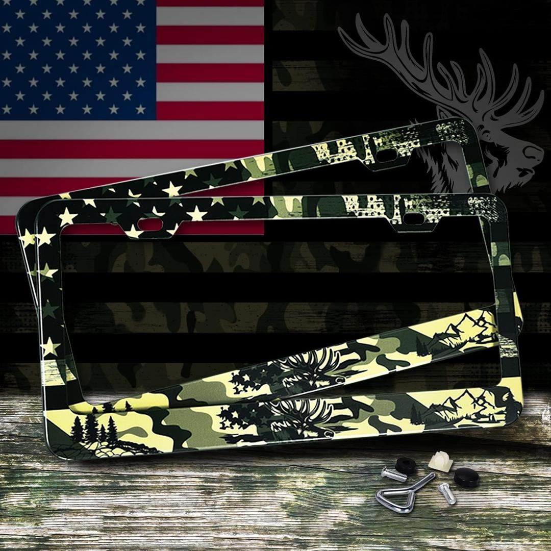 USA Flag Black Camo License Plate Frames 2 Pcs Pack, Patriotic Car Tags, Aluminum License Plate Frame Holder (6x12 in)