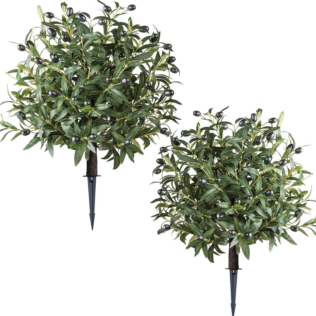 2 x ENVEN Artificial Topiary Ball Trees with Ground Spikes UV Resistant Faux Greenery Shrubs Fake Shrubs for Outdoors, Realistic Faux Plants Bushes for Garden Porch Yard Patio Decor (Green)