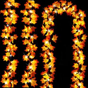 Timer&3 Pack-30Ft Fall Garland Fall Decorations for Home, 60LED Fall Lights Patented Realistic Maples Leaf Garland Battery Operated Waterproof Indoor Outdoor Christmas Thanksgiving Halloween Decor