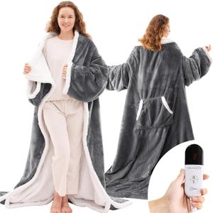 JOLLYVOGUE Wearable Heated Blanket - Heating Electric Blanket with Sleeves & Foot Pocket, Heated Throw for Adult, Birthday Gifts with 7 Heat Settings & fixed 4h Auto Shut-off (50*70 Inch, Light Grey)