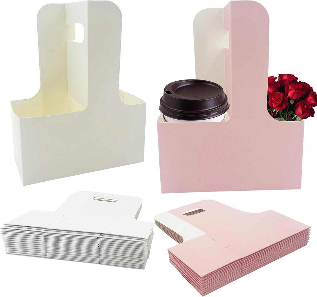 30 Pcs Coffee Drink Carrier with Handle(2 Cups or 4 Cups),Assemblable Drink Holder with Handle,Disposable Cup Holders for Drinks, Great for All Your Drink and Food Delivery,Coffee CarrierWhite,Pink