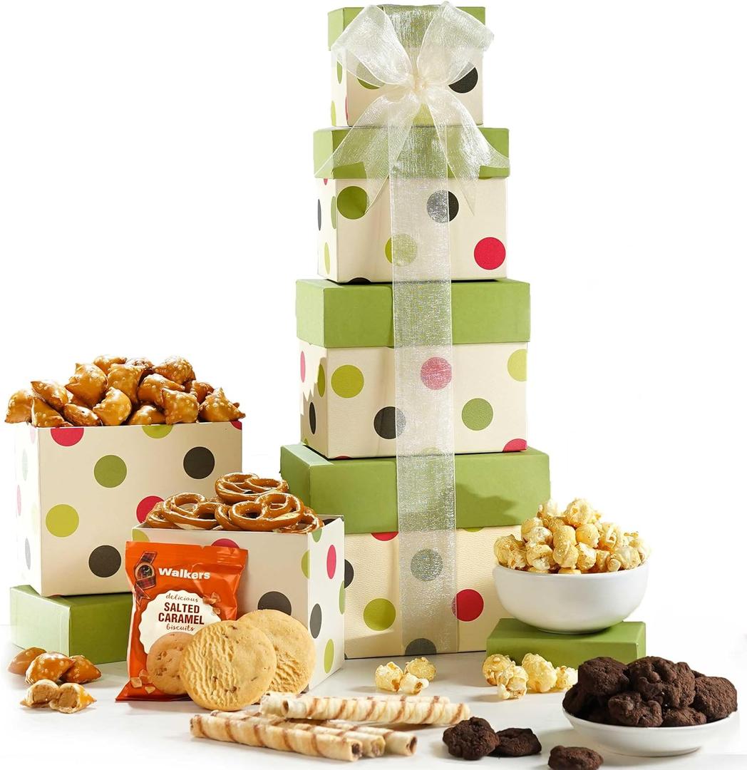 Broadway Basketeers Gift Basket Tower | Gourmet Food Gift Basket with Sweet & Savory Treats | Perfect Thank You Gift Baskets for Birthdays, Holidays, and Celebrations | Premium Snack Gifts
