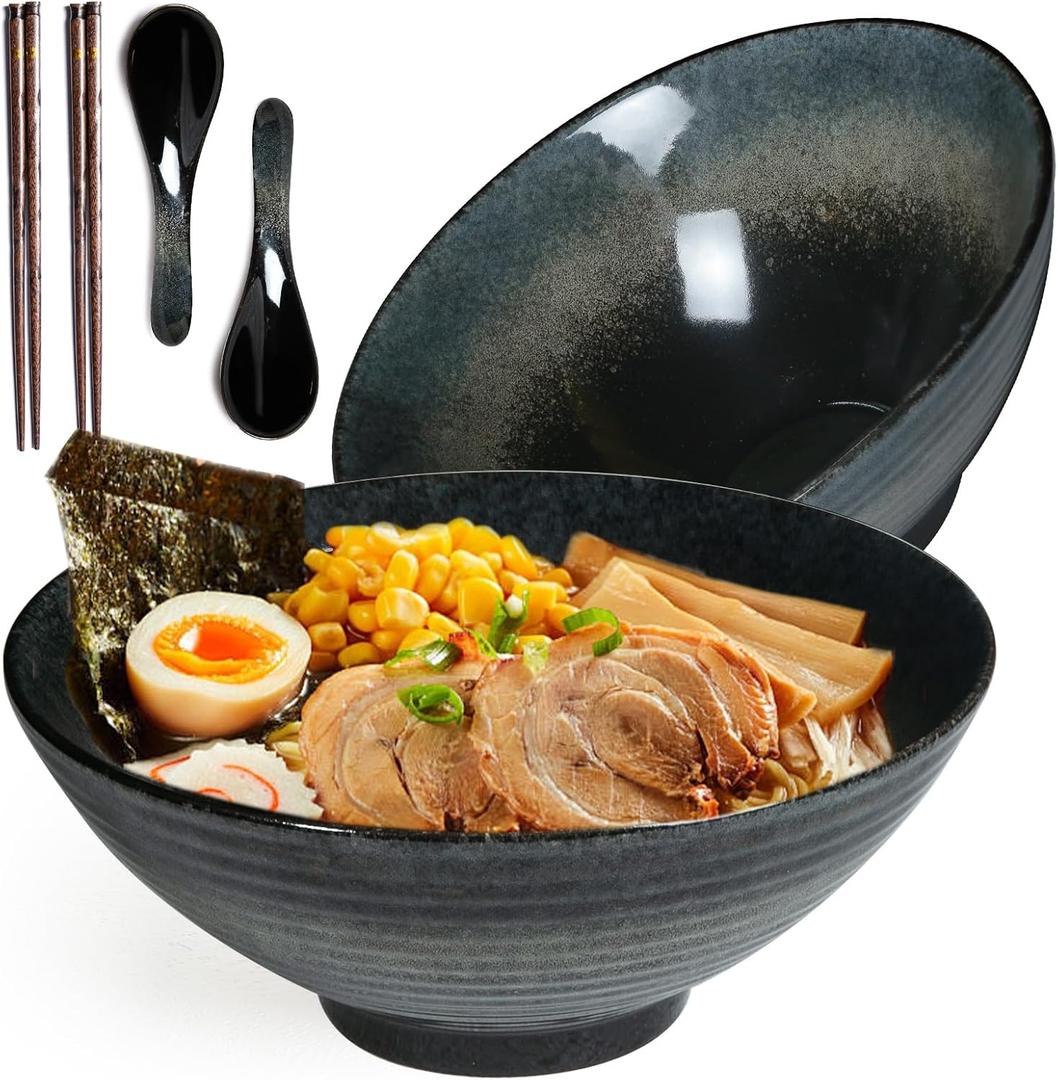 40 oz Ceramic Ramen Bowl Set of 2, Ramen Noodle Bowl with Spoons and Chopsticks 8 Inch Japanese Retro Style Large Soup, Pho, Udon Bowls, Microwave & Dishwasher Safe, Black