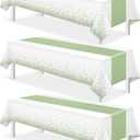 3Pcs White and Sage Green Tablecloth Decorations,Plastic White Table Cloth Printed Green Table Runner Disposable Rectangle Tables Cover for Birthday Wedding Anniversary Graduation Party,54 x108 Inch