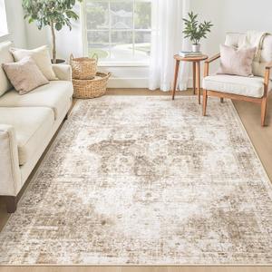 Area Rug 4x6 Washable Rug, Vintage Boho Medallion Rugs Non-Slip Soft Low Pile Distressed Rug Indoor Retro Carpet for Living Room Bedroom Dining Room Home Office (Brown, 4'x6')