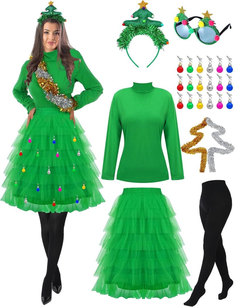 Xtinmee 25 Pcs Christmas Tree Costume Set for Women Festive Party Dress Christmas Tree Adult Outfit for Xmas Party Costumes (Medium)