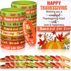 Cunno 48 Sets Thanksgiving Party Favors Silicone Bracelets Bulk with Gift Greeting Cards Fall Leaves Pumpkin Rubber Wristbands for Turkey Day Autumn Harvest Office Party Decorations