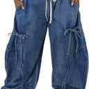 Unybwonn Women Baggy Barrel Jeans High Waisted Y2k Drawstring Bow Tie Cargo Jean Retro Wide Leg Ankle Denim Joggers, Size: X-Large