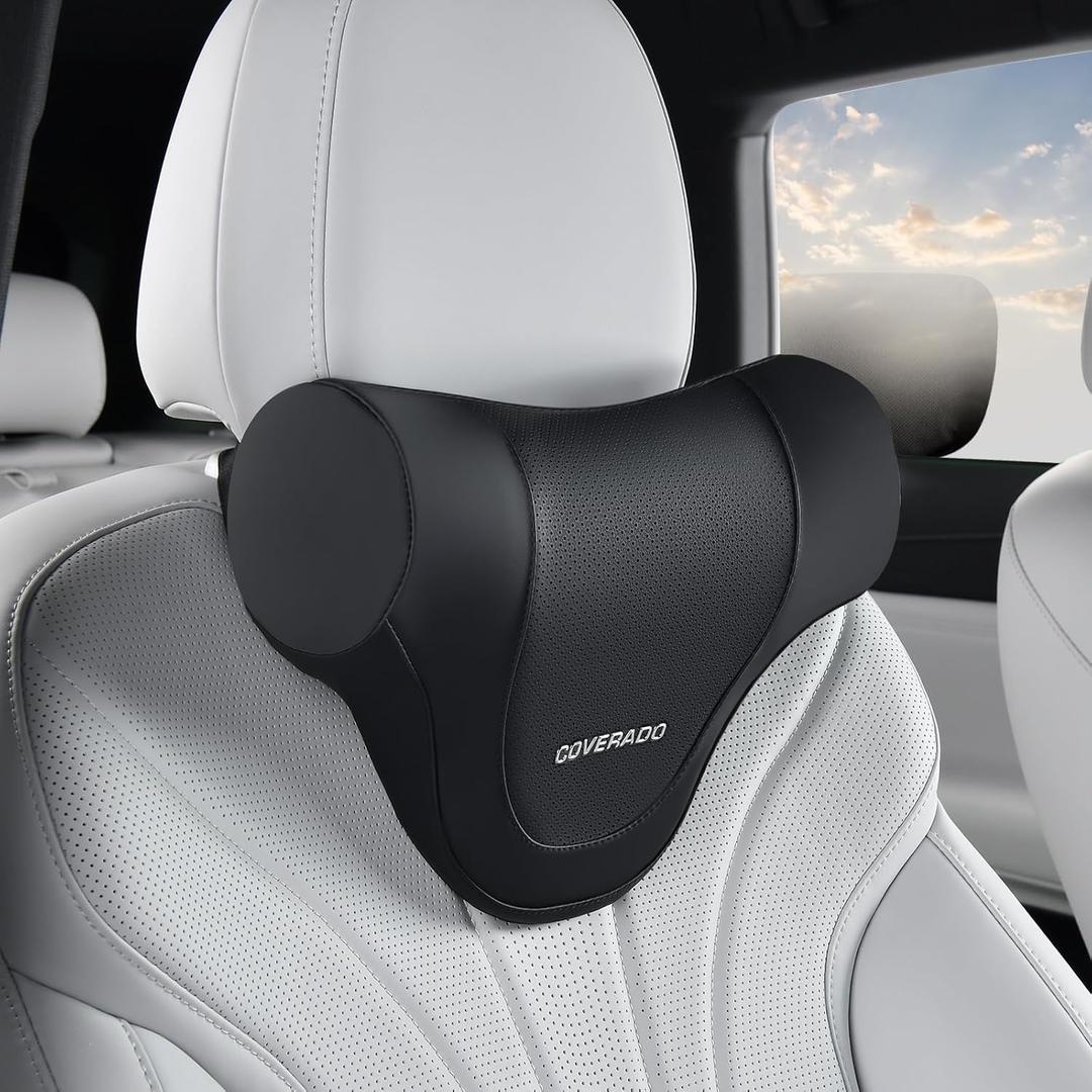 Coverado Car Headrest Pillow, Ergonomic Memory Foam Car Neck Pillow for Driving Seat with Adjustable Strap, Soft PU Leather Breathable Removable Cover Neck Support for Neck Pain Relief - Black