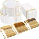 Ciaell 300PCS White and Gold Plastic Plates - Gold Disposable Dinnerware Sets for 50 Guests - 100 Plates, 50 Knives, 50 Forks, 50 Spoons, and 50 Napkins for Wedding, Anniversary, Party