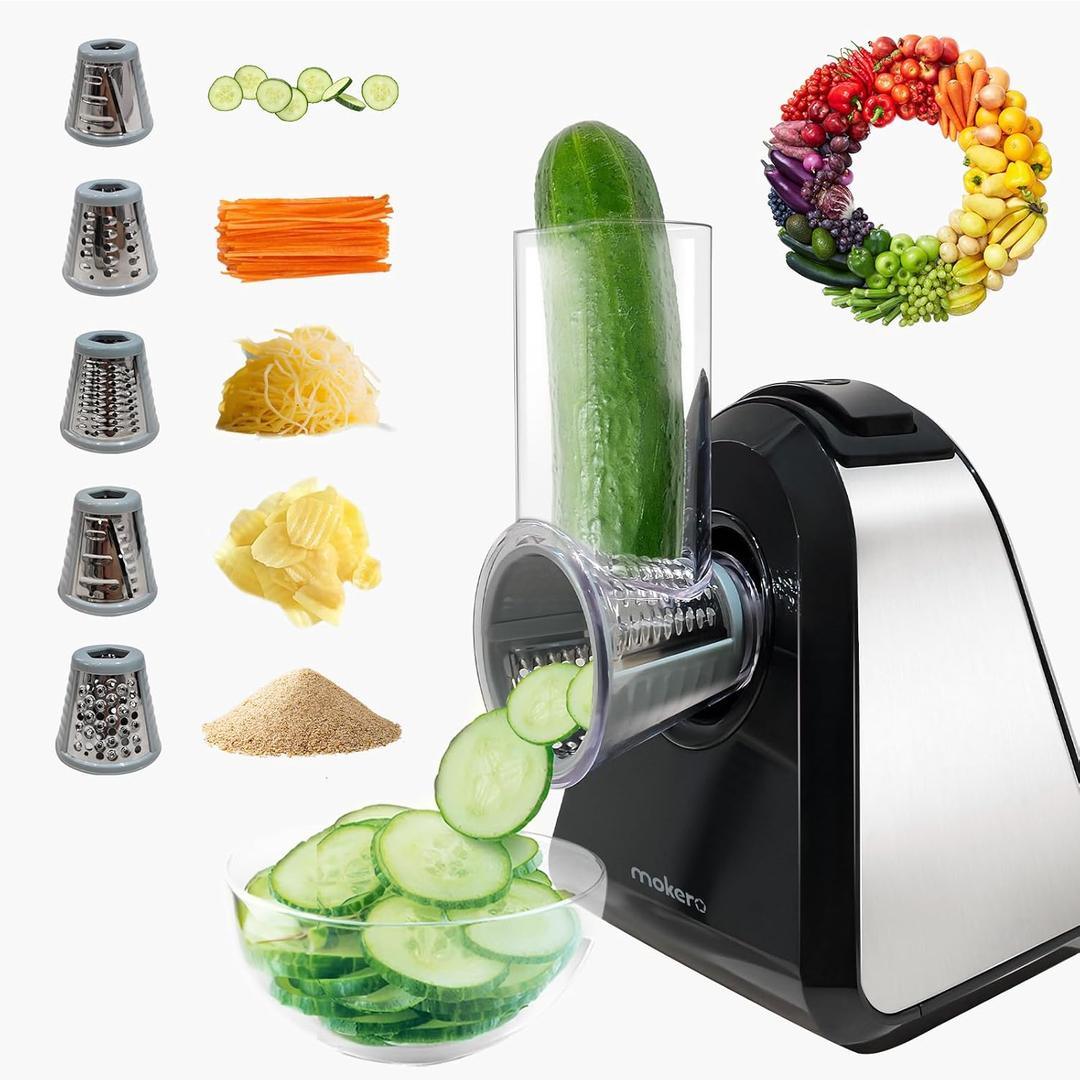 Mokero 5 in 1 Electric Cheese Grater for Block Cheese, Kitchen Automatic Cheese Shredder & Salad Shooter, Easy to Clean Vegetable Chopper for Cheese, Cucumber, Potato, Carrots, Nut