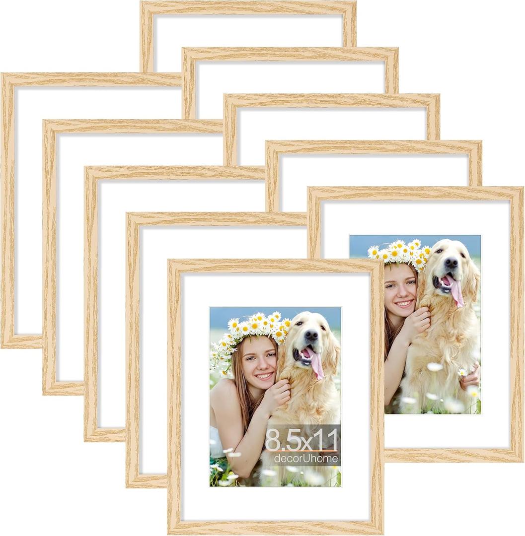 decorUhome 8.5x11 Picture Frame Set of 10, Display Photos 6x8 with Mat or 8.5x11 Unmatted for Picture Frames Collage Wall Decor, Natural