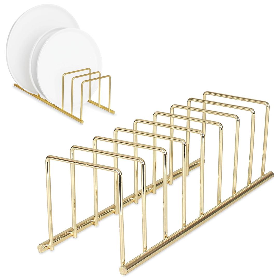 Spectrum Euro Kitchen Organizer Metal Dish Rack Cutting Board Holder Stand for Countertop or Inside Cabinet Organization, 8 Slot Cutting Board Plate Drying Rack for Bakeware Storage, Gold