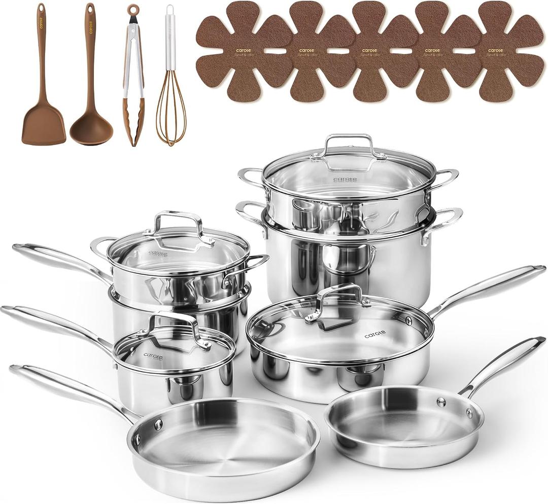 CAROTE 21pcs Tri-Ply Stainless Steel Cookware Set, Pots and Pans Set, Non Toxic Induction Kitchen Cooking Sets, Cookware Collection, Silver