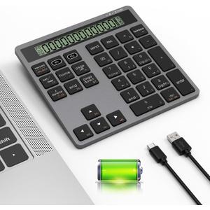 Rechargeable Bluetooth Number Pad with Display Calculator - 2-IN-1 Wireless & Wired Number Pad Slim 34-Key Portable Accounting Bluetooth Keypad Data Entry & Calculation 2in1 for Laptop MacBook PC