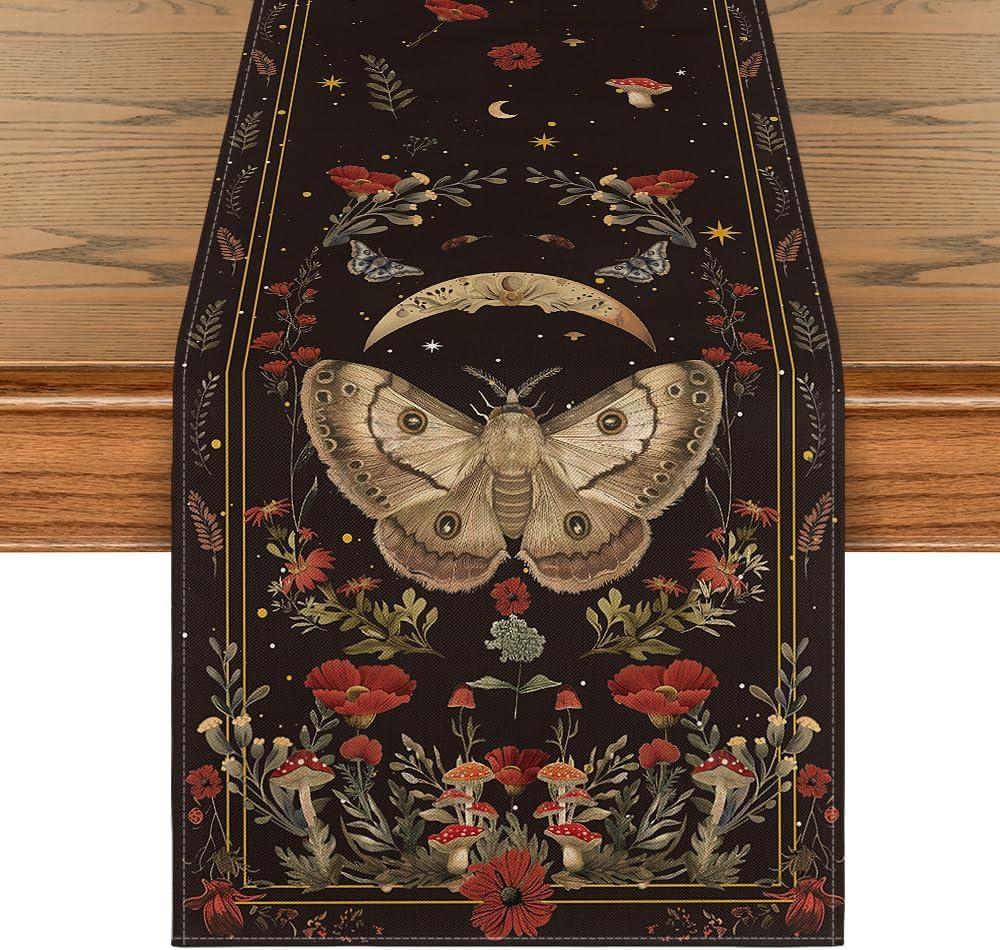 Artoid Mode Poppy Moth Mushroom Moon Fall Table Runner, Seasonal Autumn Kitchen Dining Table Decoration for Home Party Decor 13x120 Inch (Black)
