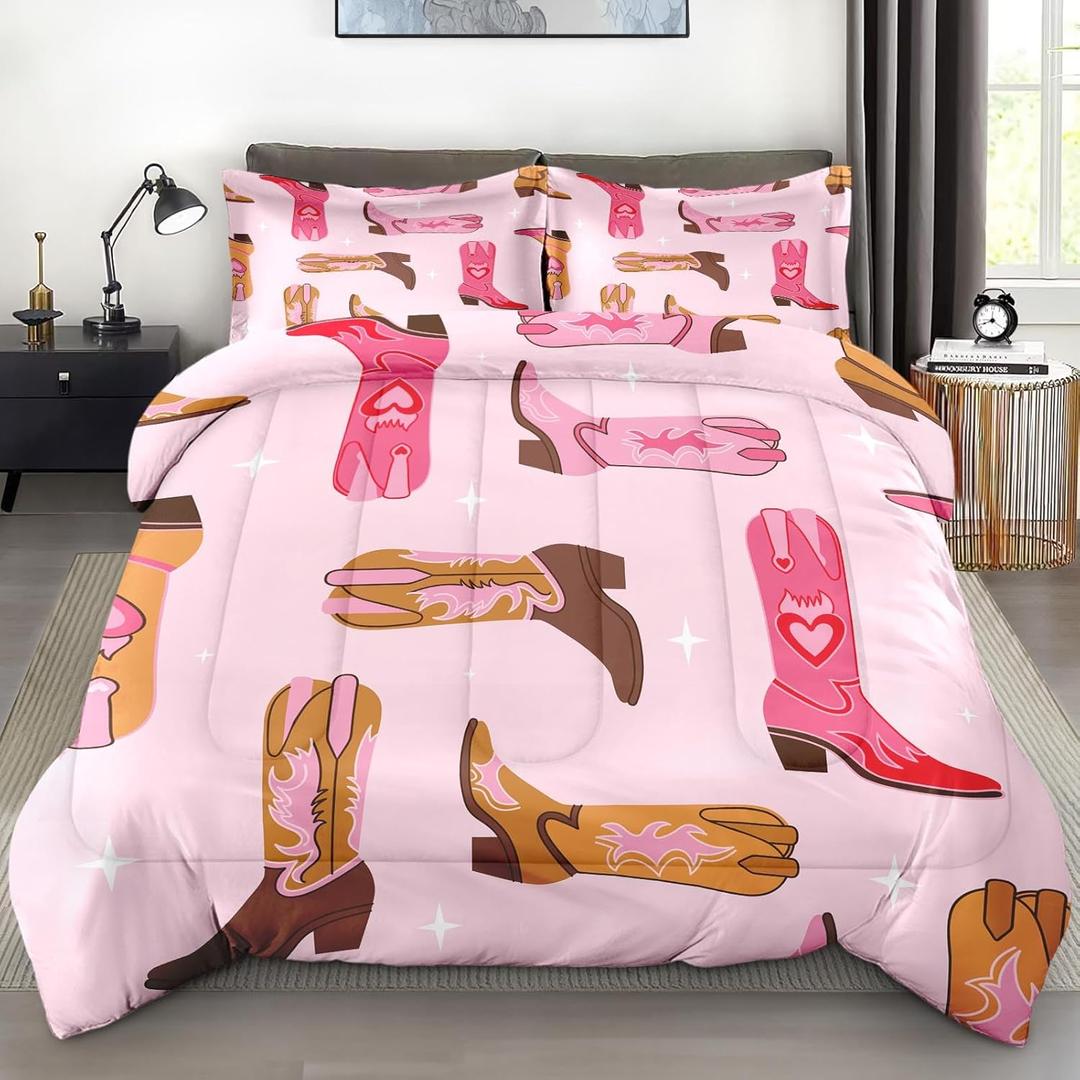 Comforter Set Twin Size, Retro Cowgirl Western Soft 2 Pcs Bedding for Kids and Adults, Vintage Cowboy Aesthetic Comforter Set with Pillowcase, for Bedroom Bed Decor (America Cowboy Boots)