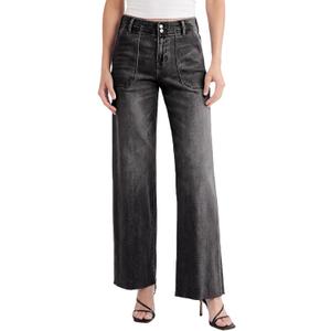 EMMIOL Baggy Straight Leg Jeans Women, Mid-High Rise Denim Pants, Y2K Vintage Distressed Stretchy Loose Fit with Large Pocket，Boyfriend Wide Leg Trousers Casual, Black 1 (S)