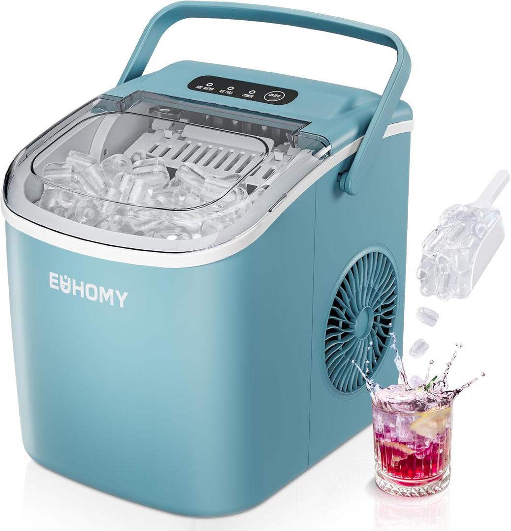 EUHOMY Ice Maker Countertop, 9 Cubes Ready in 6 Mins, 26lbs/24H, Self-Cleaning, Portable Ice Maker Machine with Carry Handle, Basket and Scoop, 2 Sizes of Bullet Ice for Home, Kitchen, Office