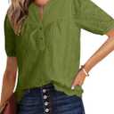 Dokotoo Women's Dressy Casual Lace Blouses Summer Tops Half Sleeve V Neck Buttons Hollow Out Embroiderey Shirts (Green)