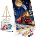 JOOZ Christmas Paint by Numbers Kit for Adults with Frame, Moon Train Paint by Number with Easel, DIY Christmas Framed Paint by Number Kits for Gift Home Wall Decor 8x12 Inch