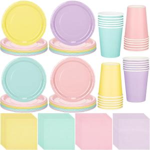 meekoo 72 Pcs Pastel Party Supplies Disposable 7" Pastel Paper Plates Napkins Paper Cups Serve 24 Guests, Macaron Color Tableware Sets for Birthday Wedding Baby Shower Party Decoration
