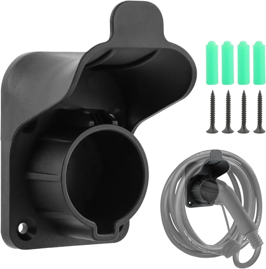 EV Charger Holder, Chassis Bracket Clamp for Portable Electric Car Charger, Electric Vehicle Charging Cord Holder Wall Mount Connector Space Saving for SAE J1772 (Black)