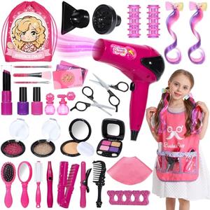 Hair Salon Toys for Girls, 36PCS Kids Pretend Play Makeup Sets, Dress Up Beauty Hair Stylist Toy Kit with Barber Apron, Hair Dryer, Curling Iron, Mirror, Scissors and Styling Accessories