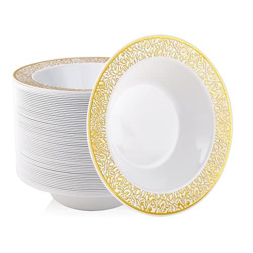 JOLLY PARTY 60 Disposable Gold Plastic Dessert Bowls, 12 oz Soup Bowls, Lace Christmas Thanksgiving Trim, Premium Heavy Duty Plastic Bowl for Wedding/Party (Gold)