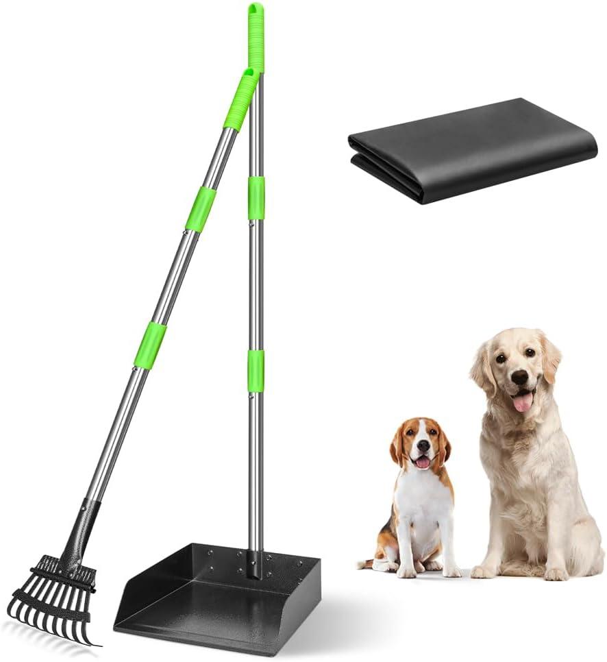 TOOGE Larger Pooper Scooper for Large Dogs, Dog Pooper Scooper Long Handle Stainless Metal Tray and Rake Set for Large Medium Small Dogs Heavy Duty (Green) (Extra Large) (2. Rake & Large Tray)