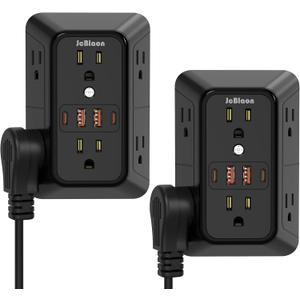 Surge Protector Outlet Extender, 6 Outlet Extender with 4 USB Charging Ports (2 USB C), 3 Sided Multi Plug Wall Adapter for Home, Office, Travel-2 Pack,Black