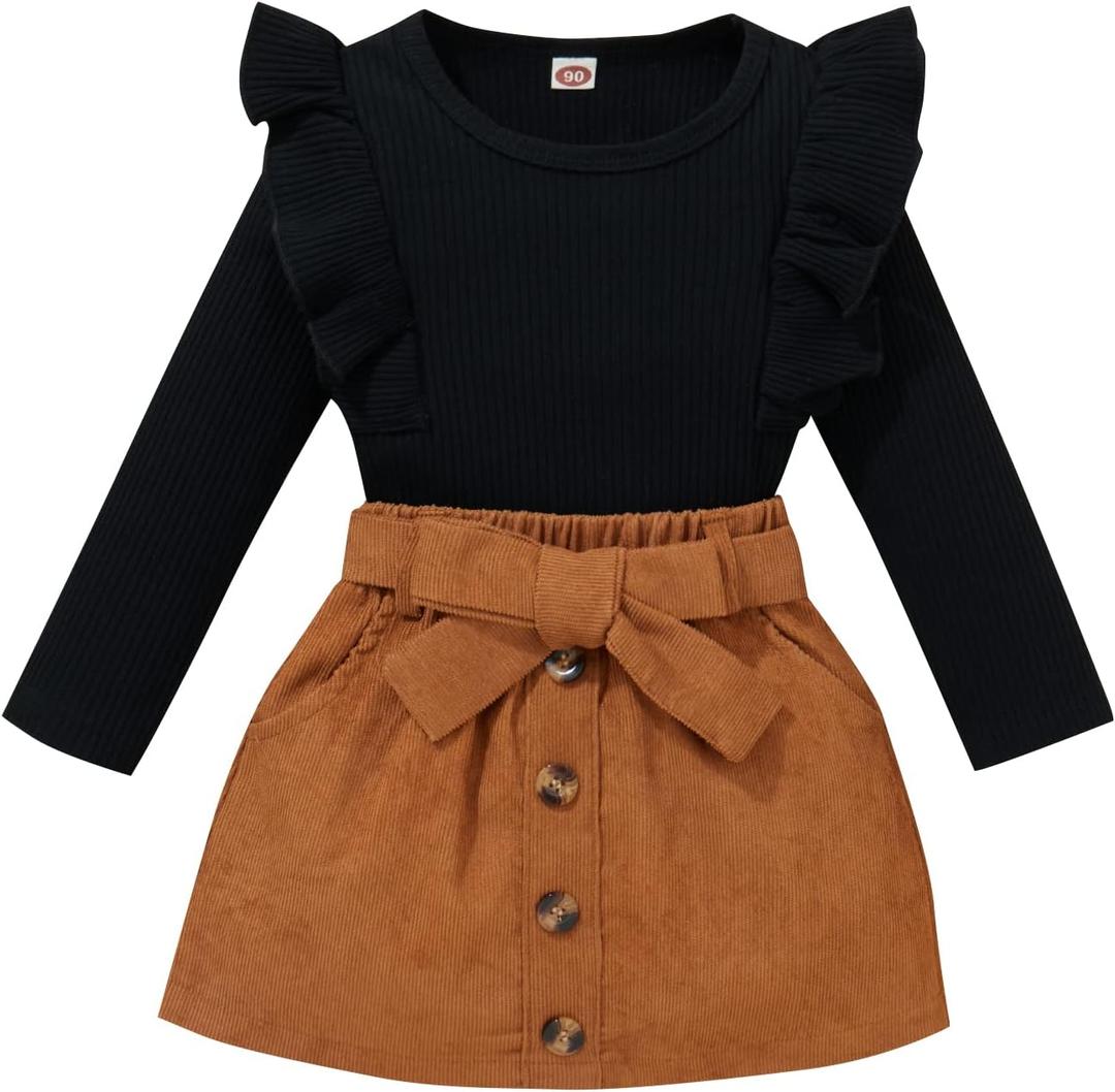 fhutpw Baby Toddler Girl Outfits Fall Winter Clothes Turtleneck Knitted Cotton Long Sleeves Tops & Button Mini Skirts Set (18-24 Months, B Black&brown)
