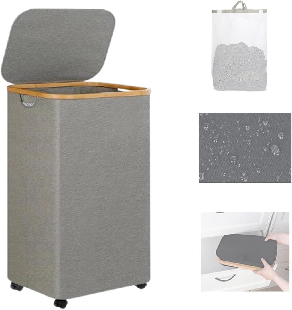 110L Laundry Basket On Wheels, Laundry Hamper With Lid & Bamboo Handle, And Removable Inner Bag Foldable Dirty Clothes Hamper For Bedroom Bathroom Dorm(Gray)