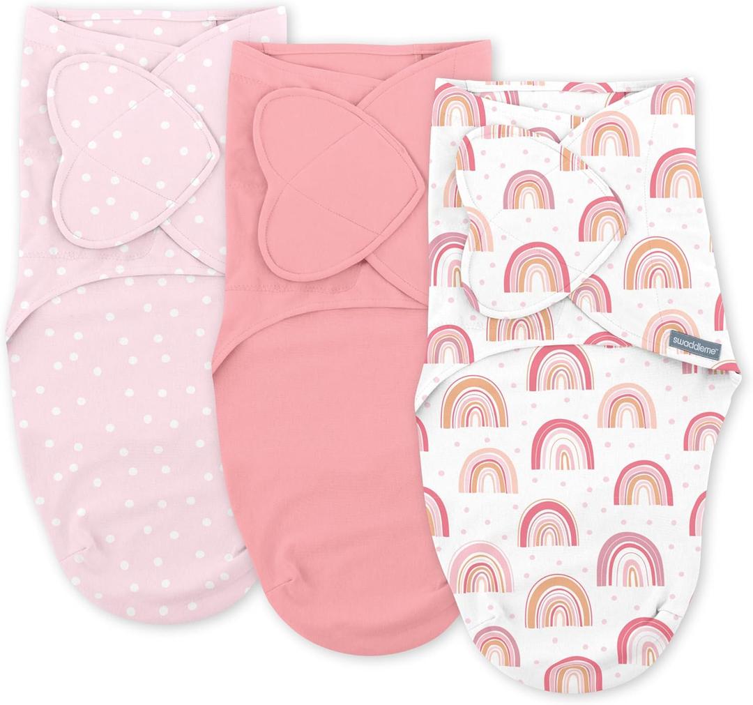 SwaddleMe by Ingenuity Monogram Collection Baby Swaddle, 100% Cotton, Improves Sleep & Calms Startle Reflex, 0-3 Months, Pocket Fold Design for Easy Changes, 1.0 TOG, 3-Pack - Rainbow