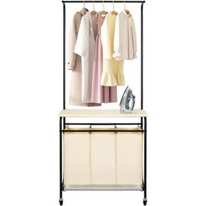 MYOYAY 3 Section Laundry Sorter with Garment Hanging Bar Rack Foldable Ironing Board, Laundry Basket Organizer Heavy Duty Laundry Hamper Rolling Cart with Lockable Wheels and 3 Removable Bags