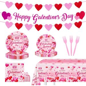 Galentines Day Party Decorations Pink Heart Galentines Plates Napkins Tablecloth Happy Galentine's Day Banner Party Supplies Serve 24
